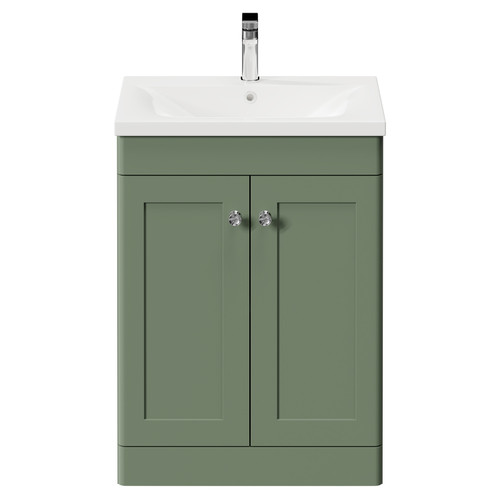 Danbury Satin Green 600mm Floor Standing Vanity Unit with 1 Tap Hole Modern Basin and 2 Doors with Polished Chrome Handles Front View