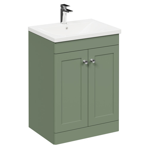 Danbury Satin Green 600mm Floor Standing Vanity Unit with 1 Tap Hole Modern Basin and 2 Doors with Polished Chrome Handles Left Hand View