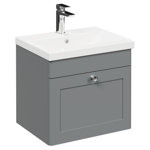 Danbury Satin Grey 500mm Wall Mounted Vanity Unit with 1 Tap Hole Modern Basin and Single Drawer with Polished Chrome Handle Left Hand View