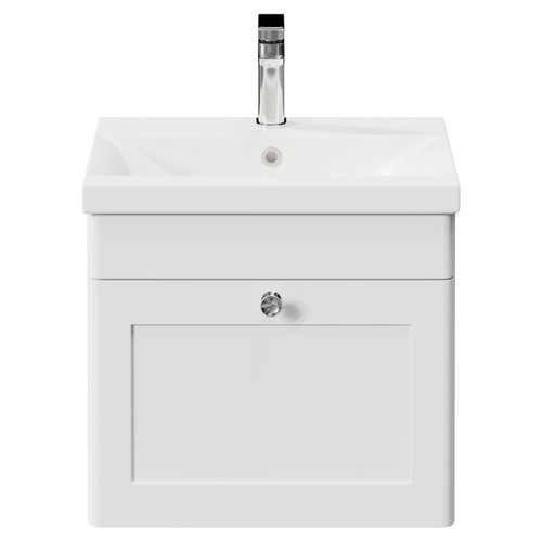 Danbury Satin White 500mm Wall Mounted Vanity Unit with 1 Tap Hole Modern Basin and Single Drawer with Polished Chrome Handle Front View
