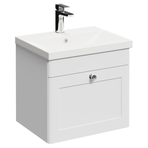 Danbury Satin White 500mm Wall Mounted Vanity Unit with 1 Tap Hole Modern Basin and Single Drawer with Polished Chrome Handle Left Hand View