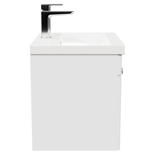 Danbury Satin White 500mm Wall Mounted Vanity Unit with 1 Tap Hole Modern Basin and Single Drawer with Polished Chrome Handle Side View