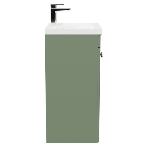 Danbury Satin Green 500mm Floor Standing Vanity Unit with 1 Tap Hole Modern Basin and 2 Doors with Polished Chrome Handles Side View