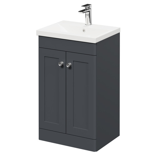Danbury Satin Anthracite 500mm Floor Standing Vanity Unit with 1 Tap Hole Modern Basin and 2 Doors with Polished Chrome Handles Right Hand View