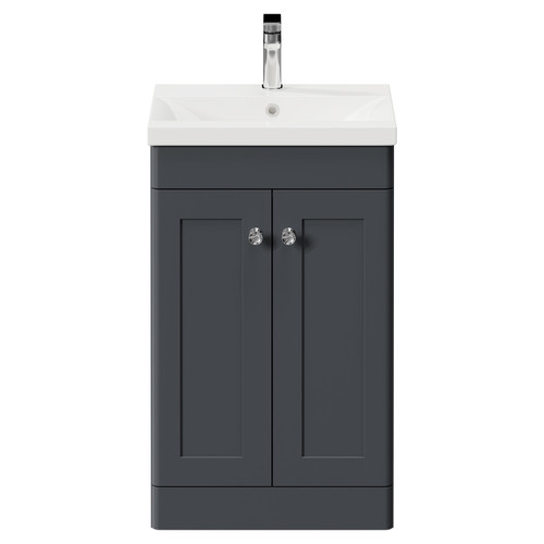 Danbury Satin Anthracite 500mm Floor Standing Vanity Unit with 1 Tap Hole Modern Basin and 2 Doors with Polished Chrome Handles Front View