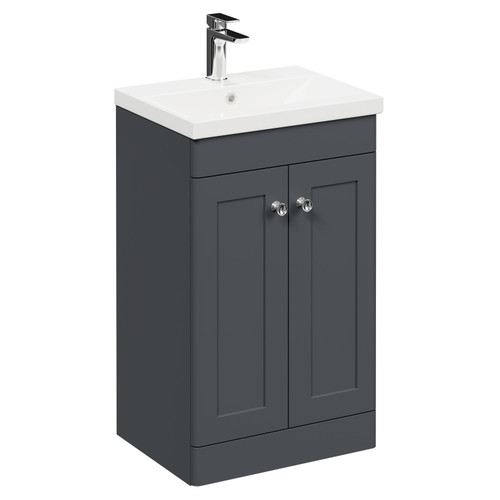 Danbury Satin Anthracite 500mm Floor Standing Vanity Unit with 1 Tap Hole Modern Basin and 2 Doors with Polished Chrome Handles Left Hand View