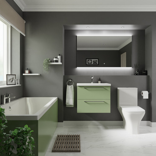 Camden 1700mm Straight Double Ended Bathroom Suite including Olive Green Vanity Unit with Polished Chrome Handles Roomset