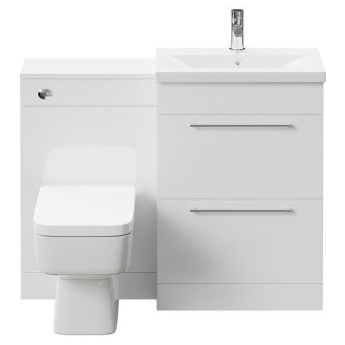 Napoli 390 Gloss White 1100mm Vanity Unit Toilet Suite with 1 Tap Hole Basin and 2 Drawers with Polished Chrome Handles Front View