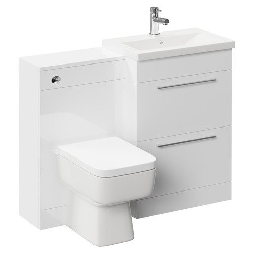 Napoli 390 Gloss White 1100mm Vanity Unit Toilet Suite with 1 Tap Hole Basin and 2 Drawers with Polished Chrome Handles Left Hand View