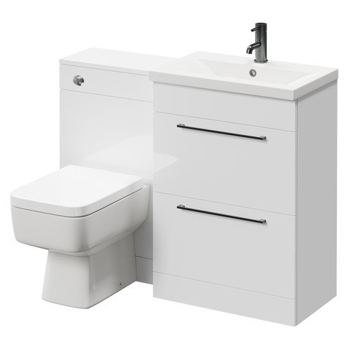Napoli 390 Gloss White 1100mm Vanity Unit Toilet Suite with 1 Tap Hole Basin and 2 Drawers with Gunmetal Grey Handles Right Hand View