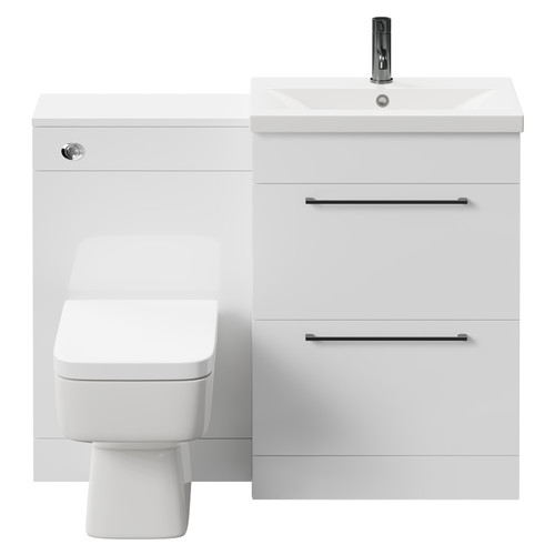 Napoli 390 Gloss White 1100mm Vanity Unit Toilet Suite with 1 Tap Hole Basin and 2 Drawers with Gunmetal Grey Handles Front View