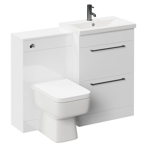 Napoli 390 Gloss White 1100mm Vanity Unit Toilet Suite with 1 Tap Hole Basin and 2 Drawers with Gunmetal Grey Handles Left Hand View