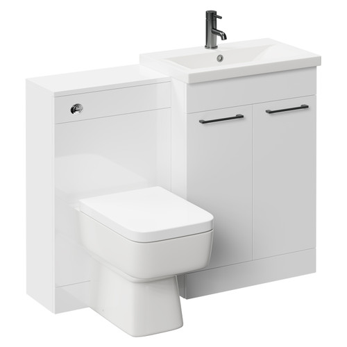 Napoli 390 Gloss White 1100mm Vanity Unit Toilet Suite with 1 Tap Hole Basin and 2 Doors with Gunmetal Grey Handles Left Hand View