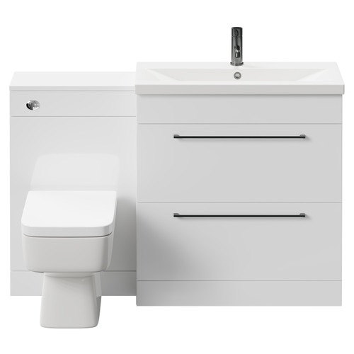 Napoli 390 Gloss White 1300mm Vanity Unit Toilet Suite with 1 Tap Hole Basin and 2 Drawers with Gunmetal Grey Handles Front View