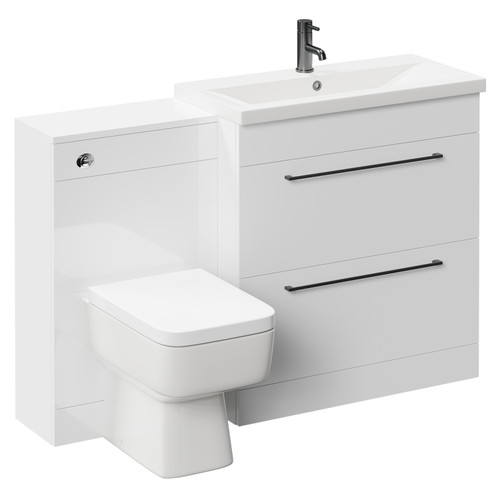 Napoli 390 Gloss White 1300mm Vanity Unit Toilet Suite with 1 Tap Hole Basin and 2 Drawers with Gunmetal Grey Handles Left Hand View