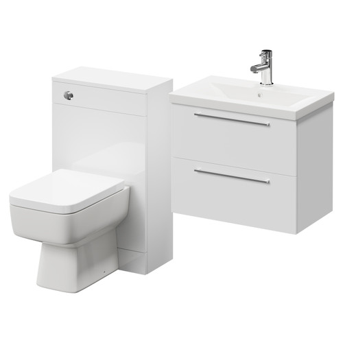 Napoli 390 Gloss White 1100mm Wall Mounted Vanity Unit Toilet Suite with 1 Tap Hole Basin and 2 Drawers with Polished Chrome Handles Right Hand View