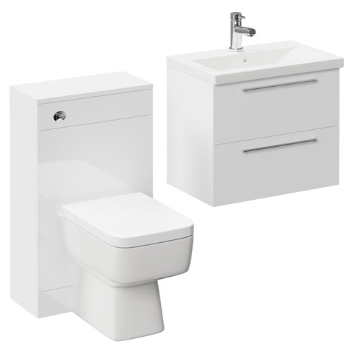 Napoli 390 Gloss White 1100mm Wall Mounted Vanity Unit Toilet Suite with 1 Tap Hole Basin and 2 Drawers with Polished Chrome Handles Left Hand View