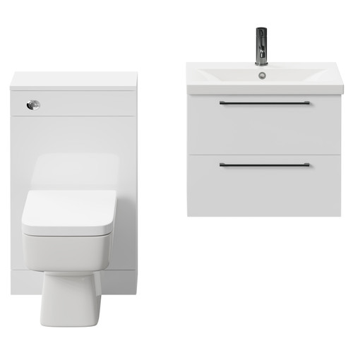 Napoli 390 Gloss White 1100mm Wall Mounted Vanity Unit Toilet Suite with 1 Tap Hole Basin and 2 Drawers with Gunmetal Grey Handles Front View