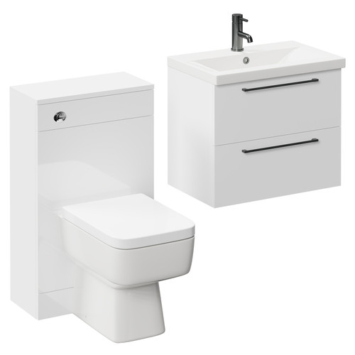 Napoli 390 Gloss White 1100mm Wall Mounted Vanity Unit Toilet Suite with 1 Tap Hole Basin and 2 Drawers with Gunmetal Grey Handles Left Hand View