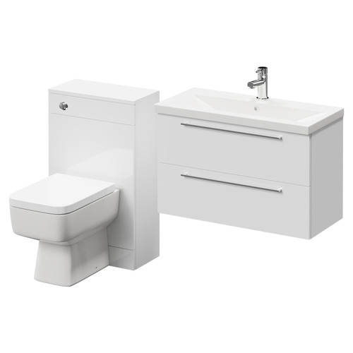 Napoli 390 Gloss White 1300mm Wall Mounted Vanity Unit Toilet Suite with 1 Tap Hole Basin and 2 Drawers with Polished Chrome Handles Right Hand View