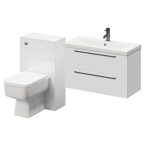 Napoli 390 Gloss White 1300mm Wall Mounted Vanity Unit Toilet Suite with 1 Tap Hole Basin and 2 Drawers with Gunmetal Grey Handles Right Hand View