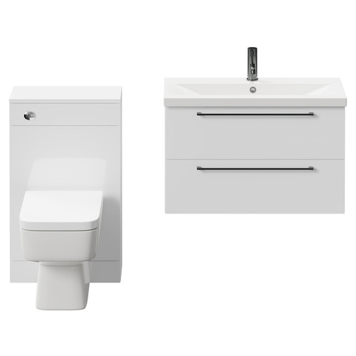 Napoli 390 Gloss White 1300mm Wall Mounted Vanity Unit Toilet Suite with 1 Tap Hole Basin and 2 Drawers with Gunmetal Grey Handles Front View