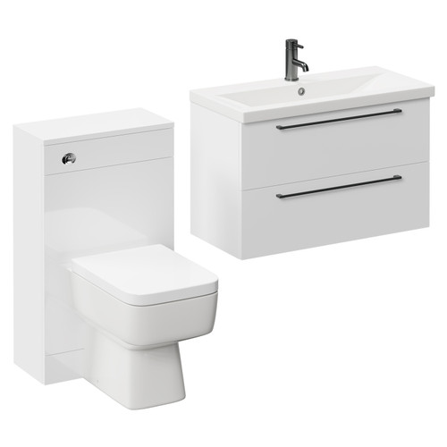 Napoli 390 Gloss White 1300mm Wall Mounted Vanity Unit Toilet Suite with 1 Tap Hole Basin and 2 Drawers with Gunmetal Grey Handles Left Hand View