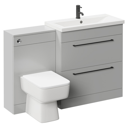 Napoli 390 Gloss Grey Pearl 1300mm Vanity Unit Toilet Suite with 1 Tap Hole Basin and 2 Drawers with Matt Black Handles Left Hand View