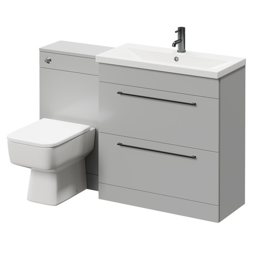 Napoli 390 Gloss Grey Pearl 1300mm Vanity Unit Toilet Suite with 1 Tap Hole Basin and 2 Drawers with Gunmetal Grey Handles Right Hand View