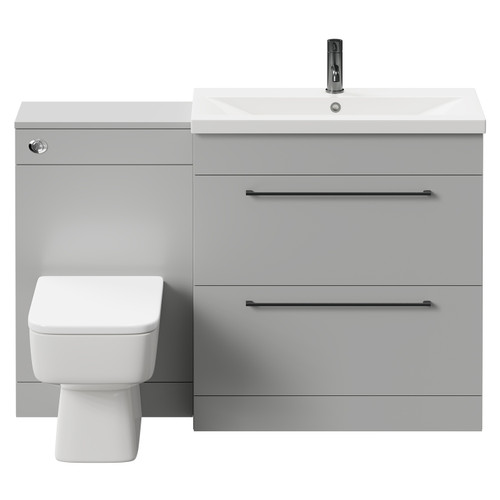 Napoli 390 Gloss Grey Pearl 1300mm Vanity Unit Toilet Suite with 1 Tap Hole Basin and 2 Drawers with Gunmetal Grey Handles Front View