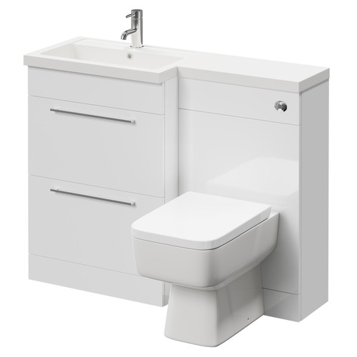 Napoli 390 Combination Gloss White 1100mm Vanity Unit Toilet Suite with Left Hand L Shaped 1 Tap Hole Basin and 2 Drawers with Polished Chrome Handles Right Hand View