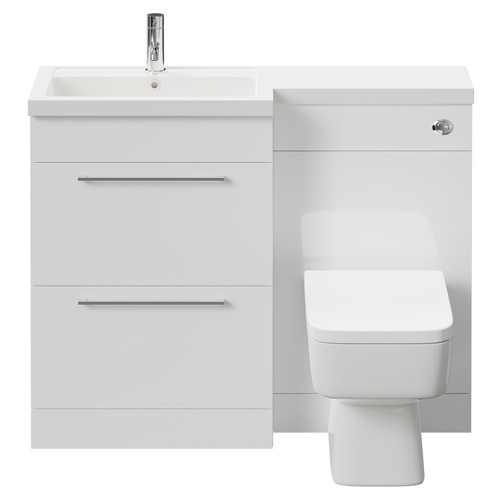 Napoli 390 Combination Gloss White 1100mm Vanity Unit Toilet Suite with Left Hand L Shaped 1 Tap Hole Basin and 2 Drawers with Polished Chrome Handles Front View