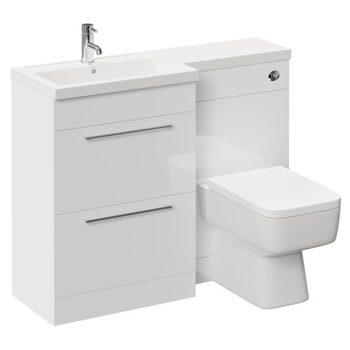 Napoli 390 Combination Gloss White 1100mm Vanity Unit Toilet Suite with Left Hand L Shaped 1 Tap Hole Basin and 2 Drawers with Polished Chrome Handles Left Hand View