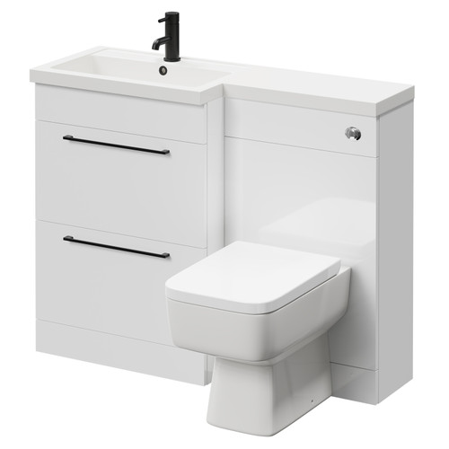 Napoli 390 Combination Gloss White 1100mm Vanity Unit Toilet Suite with Left Hand L Shaped 1 Tap Hole Basin and 2 Drawers with Matt Black Handles Right Hand View