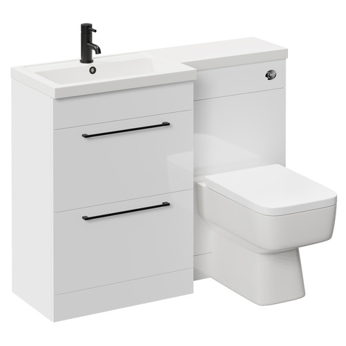 Napoli 390 Combination Gloss White 1100mm Vanity Unit Toilet Suite with Left Hand L Shaped 1 Tap Hole Basin and 2 Drawers with Matt Black Handles Left Hand View