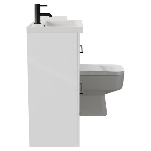 Napoli 390 Combination Gloss White 1100mm Vanity Unit Toilet Suite with Left Hand L Shaped 1 Tap Hole Basin and 2 Drawers with Matt Black Handles Side View