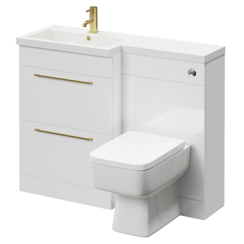 Napoli 390 Combination Gloss White 1100mm Vanity Unit Toilet Suite with Left Hand L Shaped 1 Tap Hole Basin and 2 Drawers with Brushed Brass Handles Right Hand View
