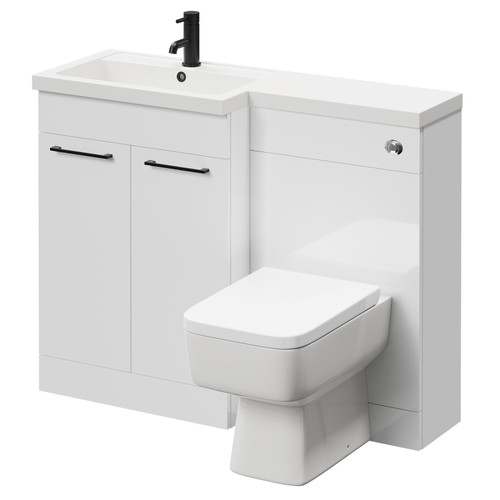 Napoli 390 Combination Gloss White 1100mm Vanity Unit Toilet Suite with Left Hand L Shaped 1 Tap Hole Basin and 2 Doors with Matt Black Handles Right Hand View