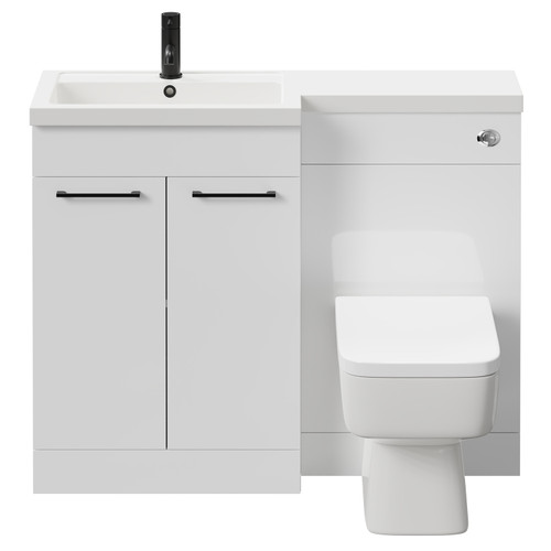 Napoli 390 Combination Gloss White 1100mm Vanity Unit Toilet Suite with Left Hand L Shaped 1 Tap Hole Basin and 2 Doors with Matt Black Handles Front View