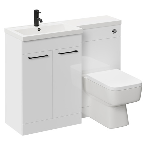 Napoli 390 Combination Gloss White 1100mm Vanity Unit Toilet Suite with Left Hand L Shaped 1 Tap Hole Basin and 2 Doors with Matt Black Handles Left Hand View