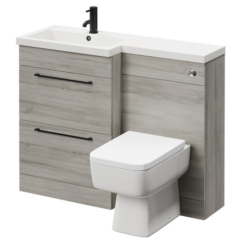 Napoli 390 Combination Molina Ash 1100mm Vanity Unit Toilet Suite with Left Hand L Shaped 1 Tap Hole Basin and 2 Drawers with Matt Black Handles Right Hand View