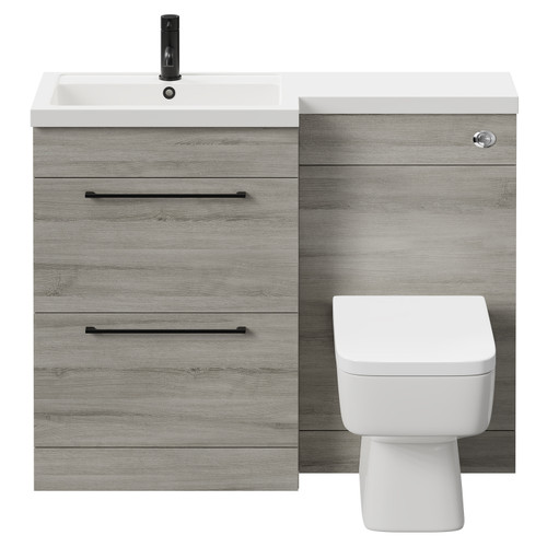 Napoli 390 Combination Molina Ash 1100mm Vanity Unit Toilet Suite with Left Hand L Shaped 1 Tap Hole Basin and 2 Drawers with Matt Black Handles Front View