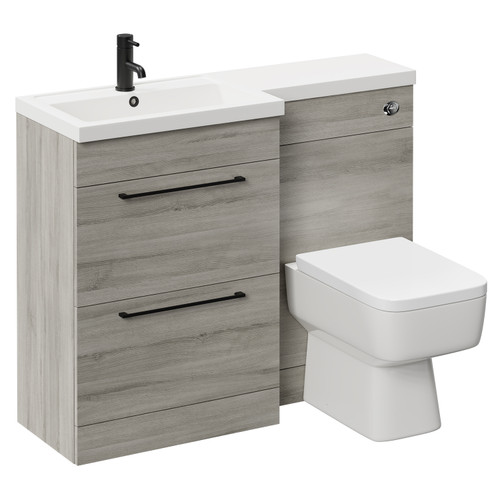 Napoli 390 Combination Molina Ash 1100mm Vanity Unit Toilet Suite with Left Hand L Shaped 1 Tap Hole Basin and 2 Drawers with Matt Black Handles Left Hand View