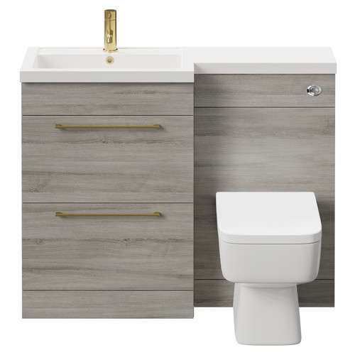 Napoli 390 Combination Molina Ash 1100mm Vanity Unit Toilet Suite with Left Hand L Shaped 1 Tap Hole Basin and 2 Drawers with Brushed Brass Handles Front View
