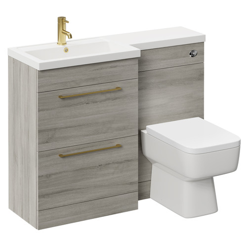 Napoli 390 Combination Molina Ash 1100mm Vanity Unit Toilet Suite with Left Hand L Shaped 1 Tap Hole Basin and 2 Drawers with Brushed Brass Handles Left Hand View