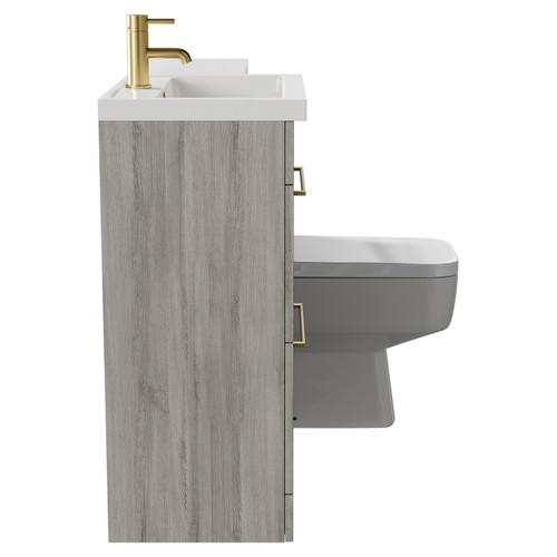 Napoli 390 Combination Molina Ash 1100mm Vanity Unit Toilet Suite with Left Hand L Shaped 1 Tap Hole Basin and 2 Drawers with Brushed Brass Handles Side View