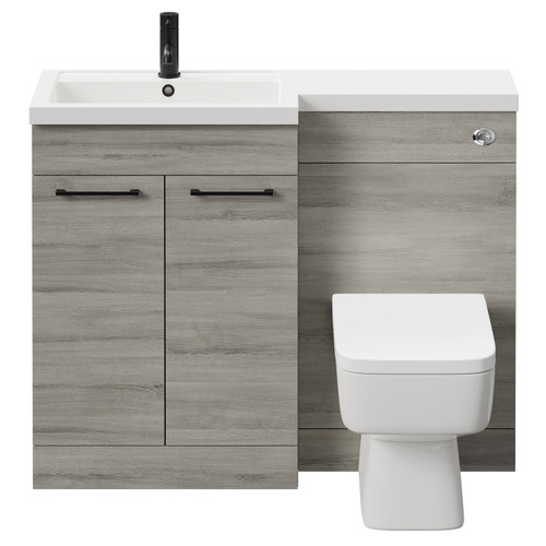 Napoli 390 Combination Molina Ash 1100mm Vanity Unit Toilet Suite with Left Hand L Shaped 1 Tap Hole Basin and 2 Doors with Matt Black Handles Front View
