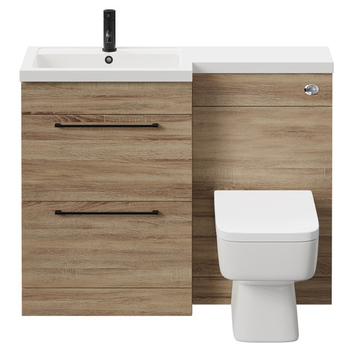 Napoli 390 Combination Bordalino Oak 1100mm Vanity Unit Toilet Suite with Left Hand L Shaped 1 Tap Hole Basin and 2 Drawers with Matt Black Handles Front View