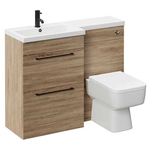 Napoli 390 Combination Bordalino Oak 1100mm Vanity Unit Toilet Suite with Left Hand L Shaped 1 Tap Hole Basin and 2 Drawers with Matt Black Handles Left Hand View