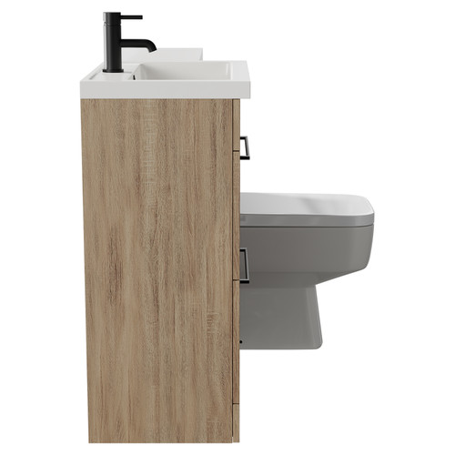 Napoli 390 Combination Bordalino Oak 1100mm Vanity Unit Toilet Suite with Left Hand L Shaped 1 Tap Hole Basin and 2 Drawers with Matt Black Handles Side View